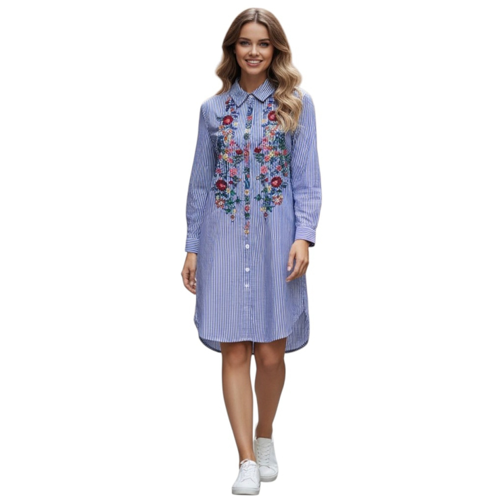 Chelsea & Theodore Shirt Dress M Blue Embroidered Floral Striped Button Up Boho